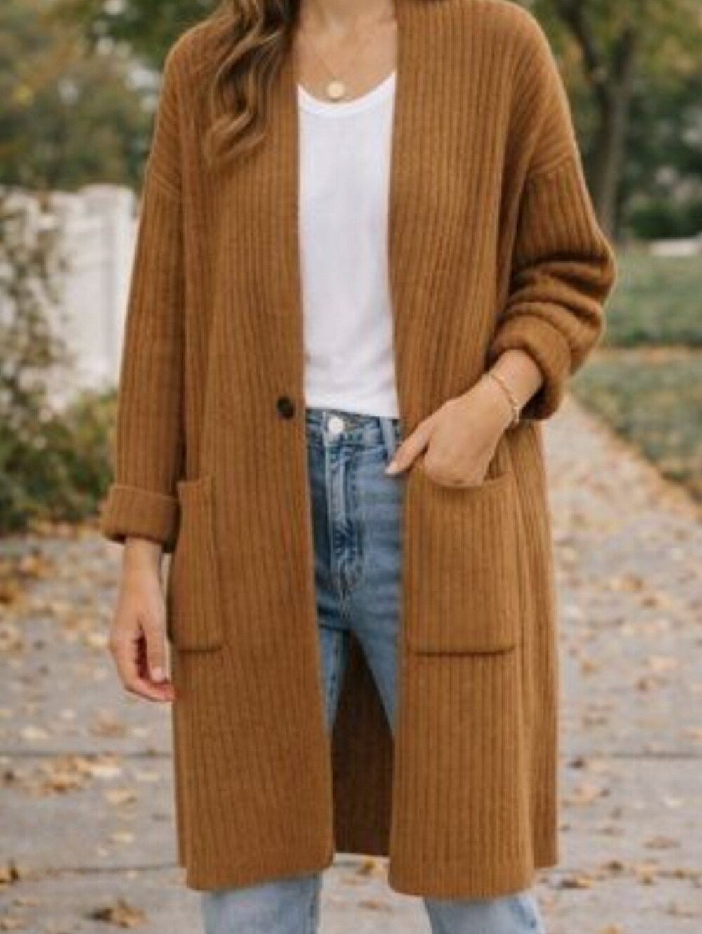 Uniqlo Women's L 100% Coarse Wool Knit Coat Long Cardigan Rusty Brown Ribbed